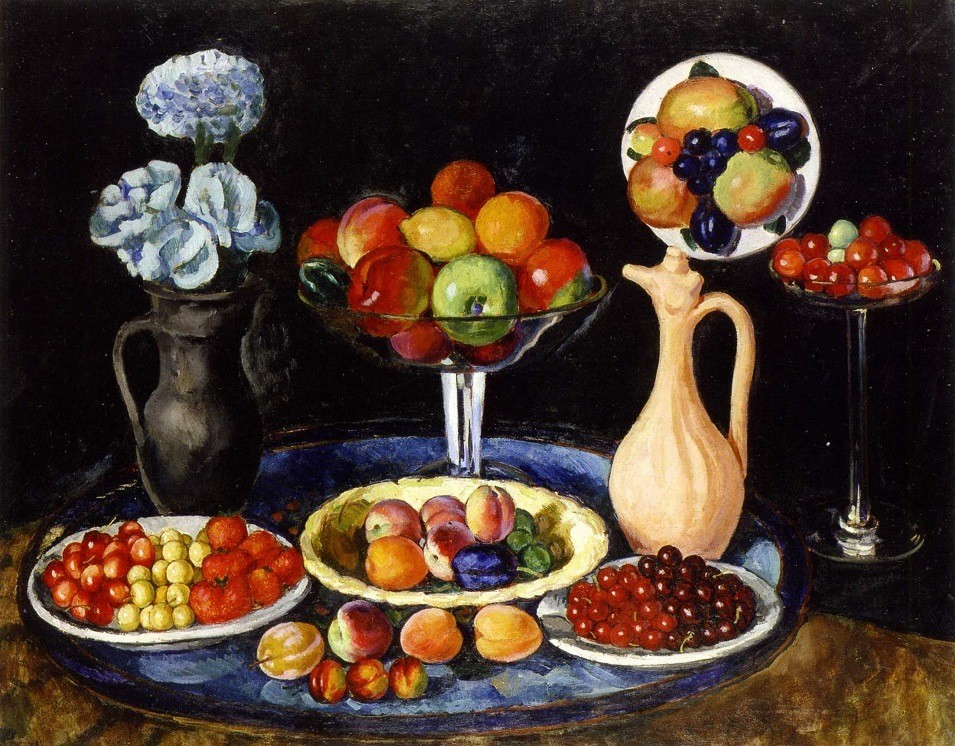 7Машков И.И. Натюрморт с вазой и фруктами на черном фоне