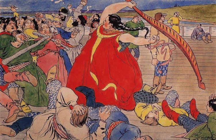 Девушка чернавушка побивает мужиков новгородских. 1898 г. Эскиз