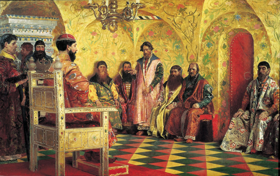 Сидение царя Михаила Федоровича с боярами в его государевой комнате. 1893 г. Х. м. ГТг